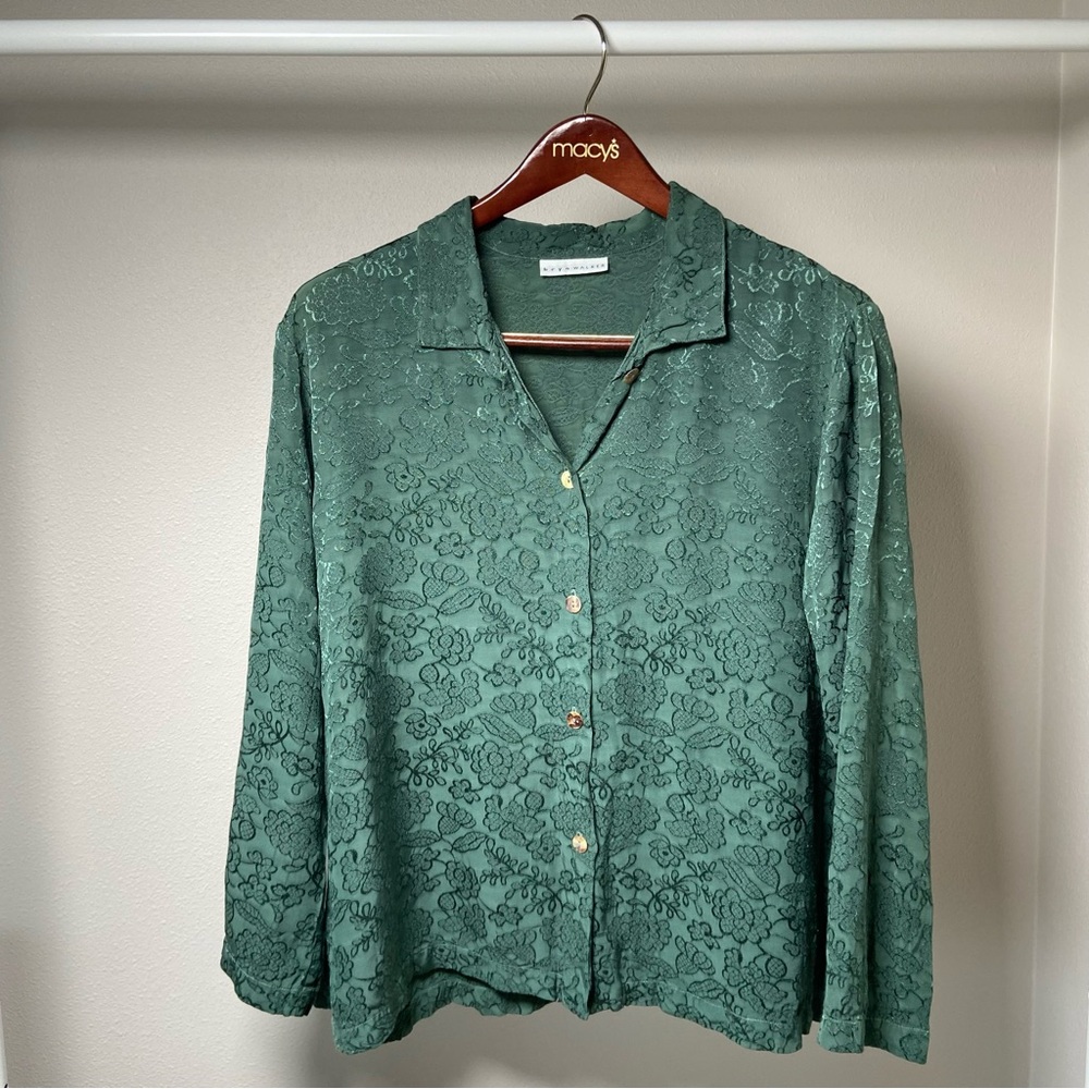 Bryn Walker Button Down Shirt Green Brocade Large